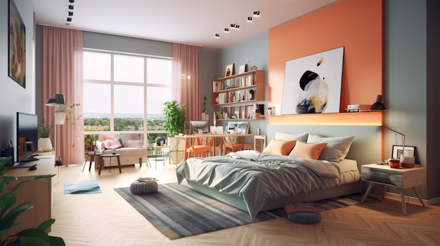 Una camera da letto con pareti arancioni e una grande finestra.