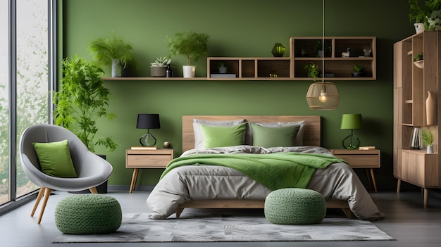 una camera da letto con pareti e mobili verdi interno moderno camera da letto principale con colore verde foresta