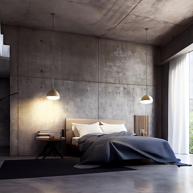 Una camera da letto con pareti in cemento e una grande finestra panoramica