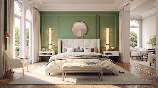 Una camera da letto con pareti verdi e un letto bianco con sopra un letto bianco e uno specchio.