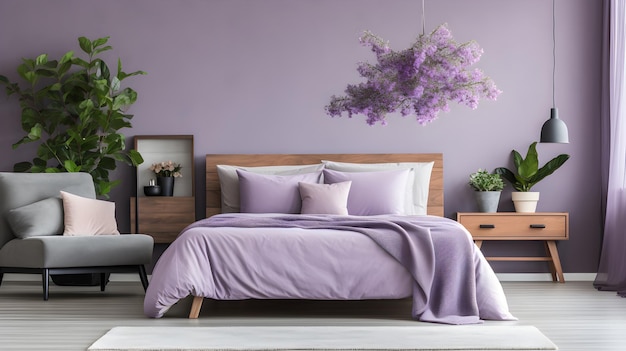 una camera da letto con pareti viola e un letto interno MidCentury Master Bedroom con tema di colore lavanda