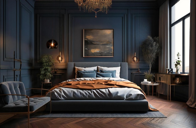 Una camera da letto con pavimento in legno e pareti grigie