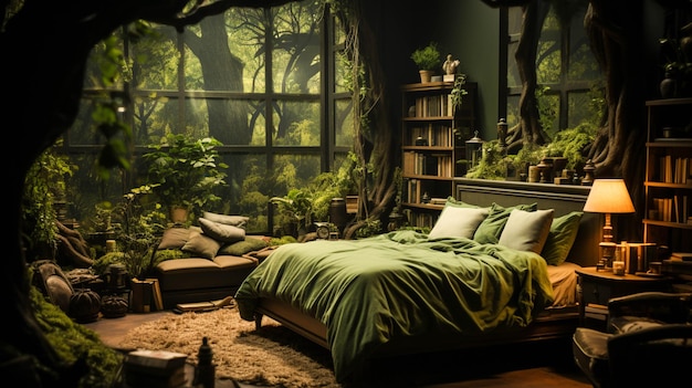 Una camera da letto con un albero dal muro verde e un letto con cuscino