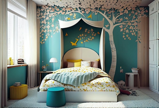 Una camera da letto con un albero e un letto a baldacchino e un tavolo con sopra una lampada.