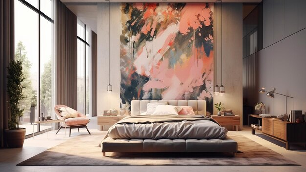 Una camera da letto con un grande quadro alla parete