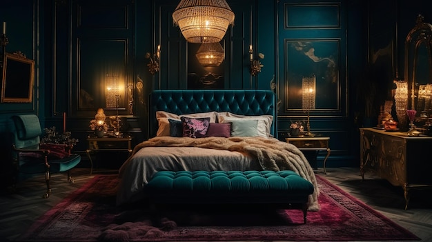 Una camera da letto con un letto blu e un letto blu con sopra una coperta dorata.