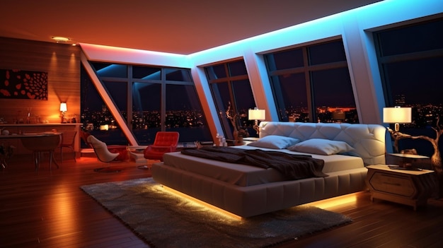 Una camera da letto con un letto che ha una luce accesa su di esso.