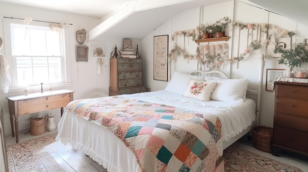 Una camera da letto con un letto e un arazzo con motivi floreali.