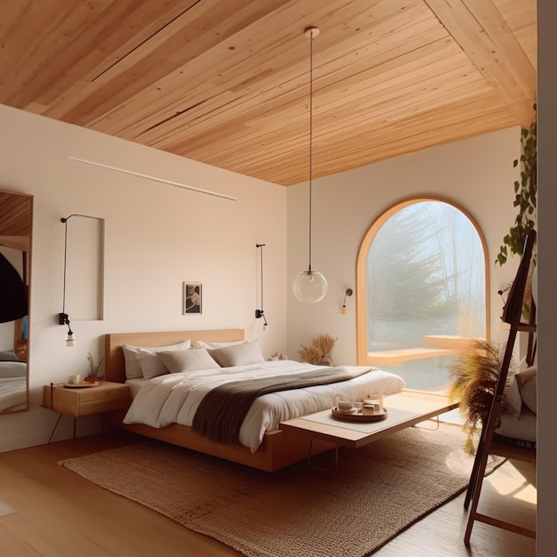 Una camera da letto con un letto e un tavolo con una lampada appesa