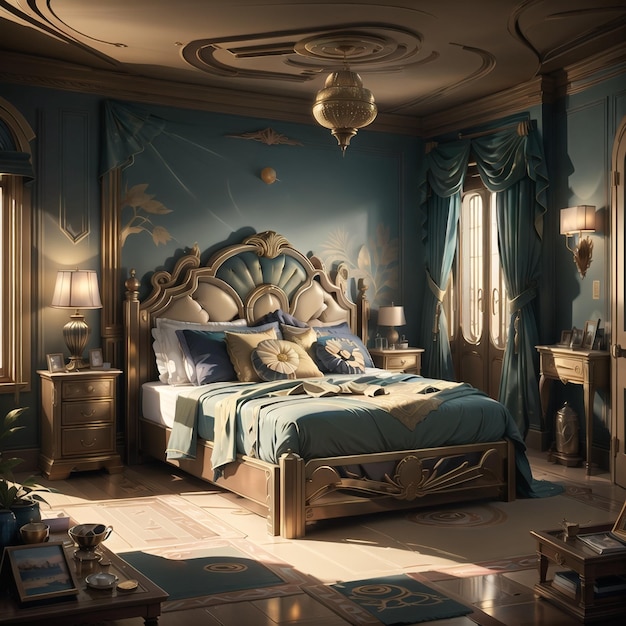 Una camera da letto con un letto e una lampada con su scritto planetario.