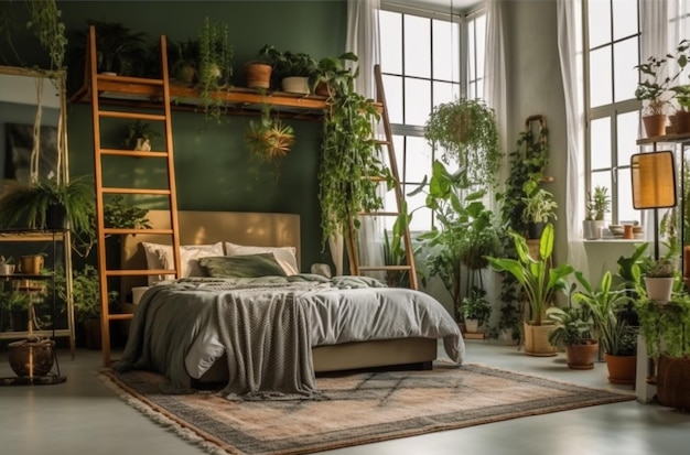 Una camera da letto con un letto e una mensola con sopra delle piante.