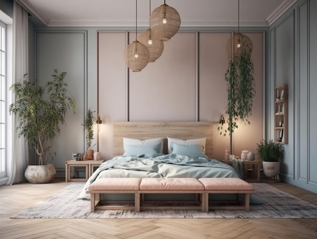 Una camera da letto con un letto e una parete con piante pensili.