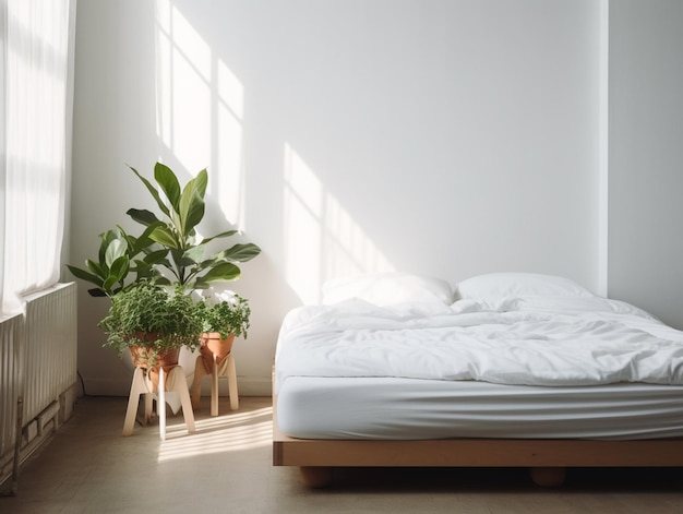 Una camera da letto con un letto e una pianta su uno sgabello.