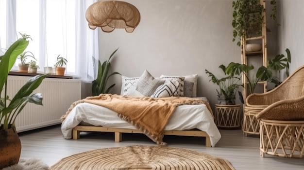 Una camera da letto con un letto e una pianta sul muro