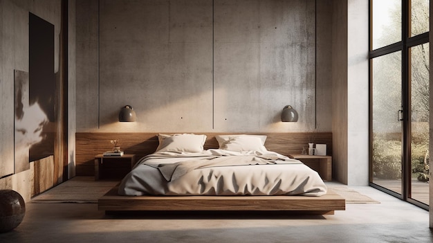 Una camera da letto con un letto in legno e un muro di cemento.