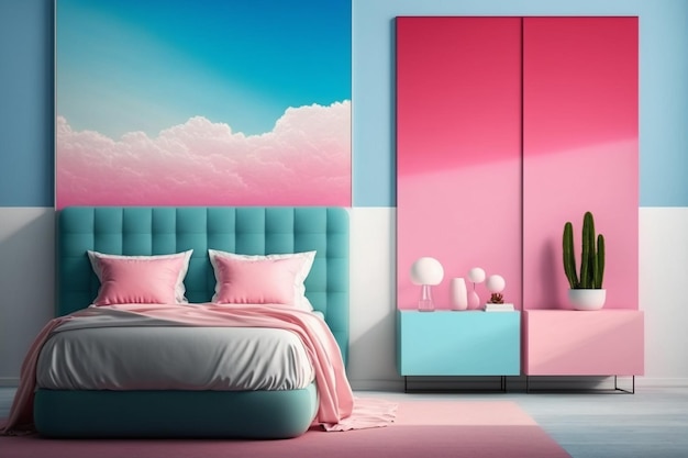 Una camera da letto con un letto rosa e blu e una parete rosa con su scritto "nuvola".