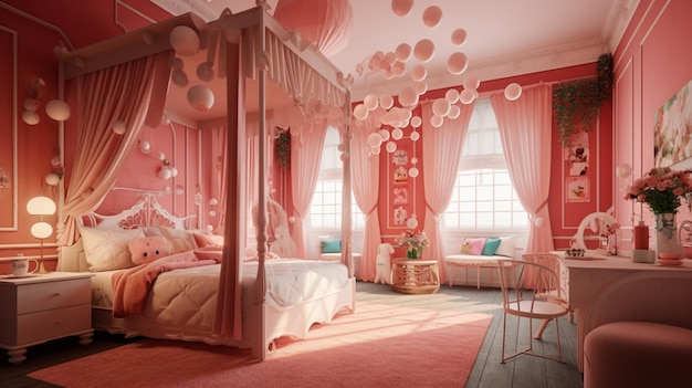 Una camera da letto con un letto rosa e un letto a baldacchino con tenda rosa e un letto rosa con tenda rosa.