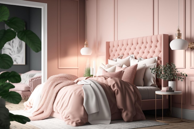 Una camera da letto con un letto rosa e un tavolo bianco con sopra una lampada.