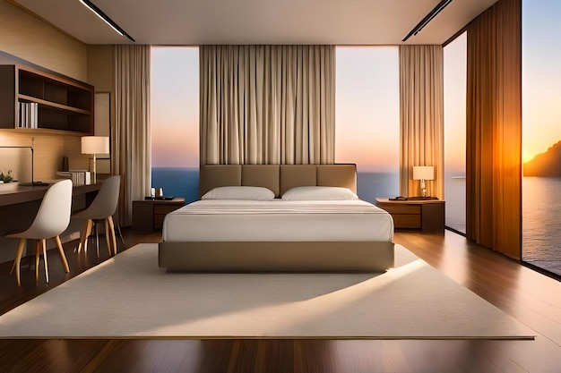 Una camera da letto con un letto, una finestra e un letto con vista sull'oceano.