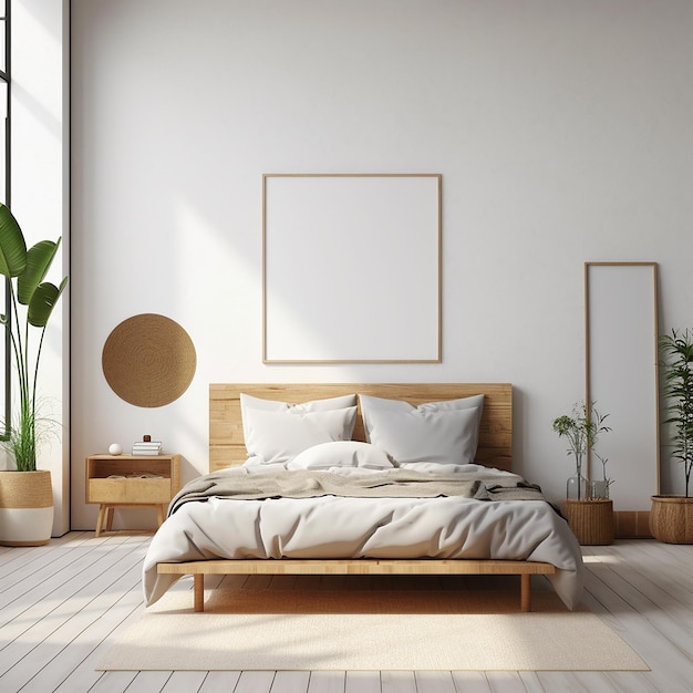 Una camera da letto con un letto, una pianta e l'immagine di una pianta.
