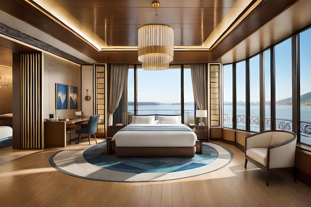 Una camera da letto con un letto, una sedia, una sedia e una finestra con vista sull'oceano.