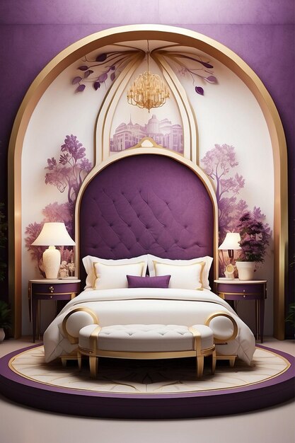 una camera da letto con un letto viola e lenzuola viola