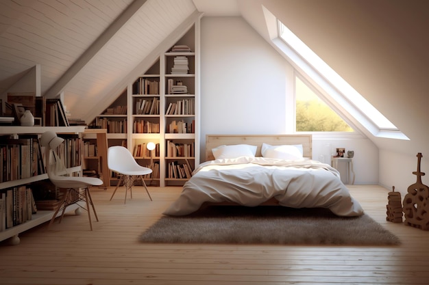 Una camera da letto con un lucernario e un letto con sopra una coperta