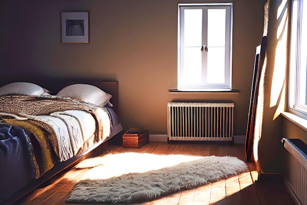 Una camera da letto con un tappeto bianco e un tappeto bianco sul pavimento.