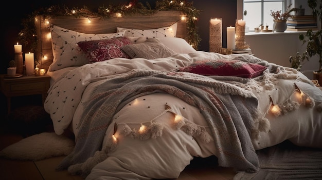 Una camera da letto con una coperta e una coperta con sopra le luci di Natale.