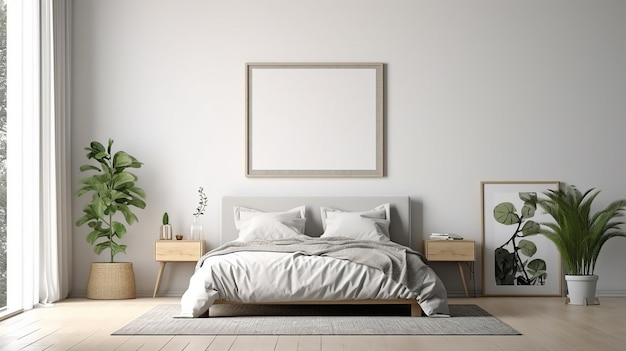 una camera da letto con una cornice appesa sopra un letto e un comodino di legno con una cornea appesa sulla parete sopra.