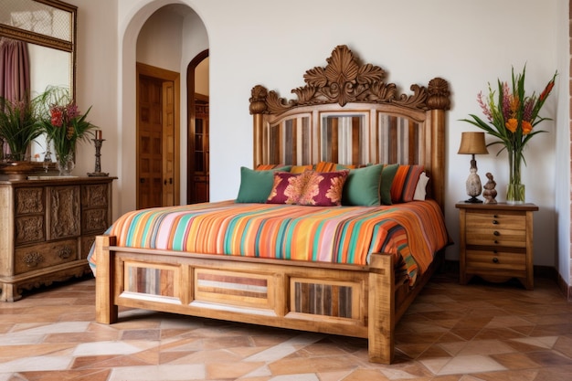Una camera da letto con una cornice di letto in legno lucido con sculture intricate e biancheria da letto a righe audaci