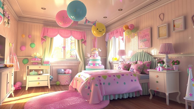 una camera da letto con una festa di compleanno e palloncini sulla parete