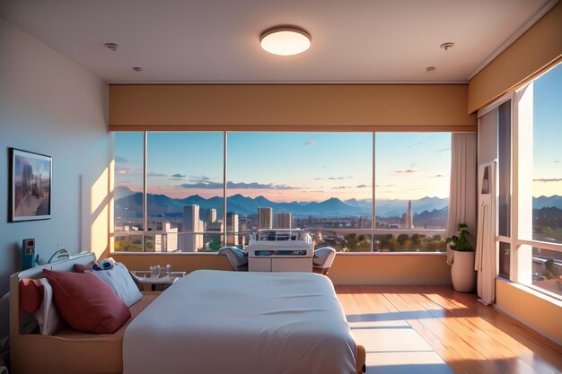 Una camera da letto con una grande finestra che dice "vista montagna".