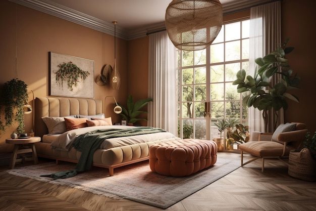 Una camera da letto con una grande finestra e un letto con sopra un cuscino.