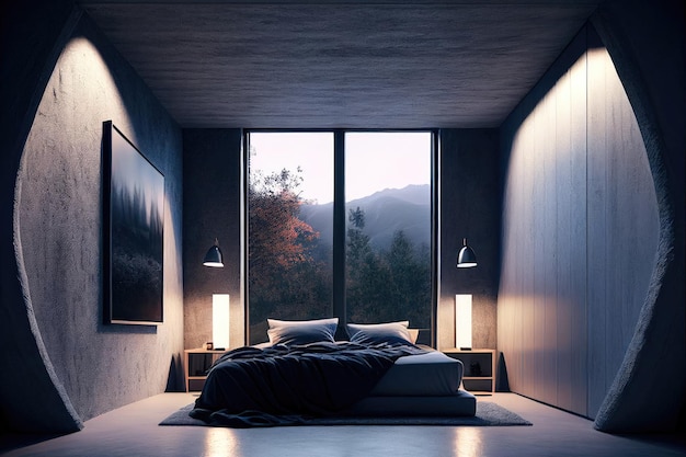 Una camera da letto con una grande finestra e un letto un rendering 3D