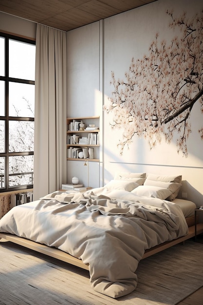Una camera da letto con una grande immagine di un albero con sopra un fiore.