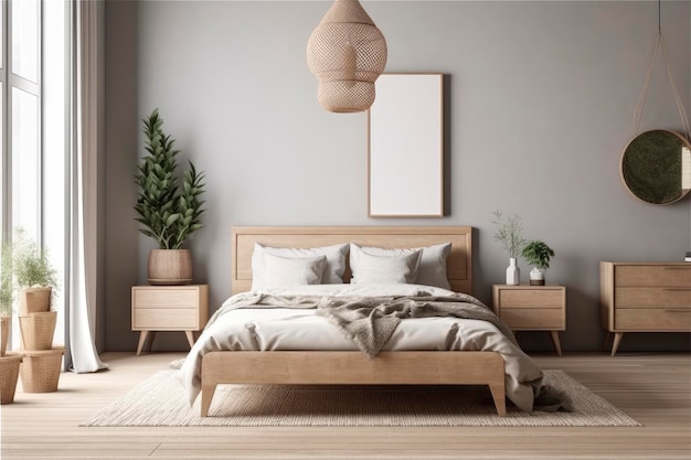 Una camera da letto con una lampada e una pianta sul muro.