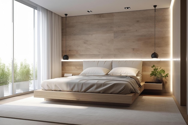 Una camera da letto con una parete in legno e un letto con sopra una lampada.