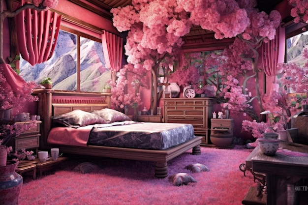 Una camera da letto con una parete rosa e un letto con un albero fiorito nell'angolo.