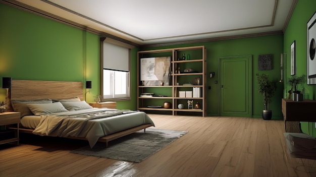 una camera da letto con una parete verde e un letto con una coperta bianca