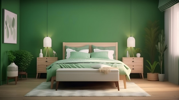 Una camera da letto con una parete verde e un letto con una coperta bianca.
