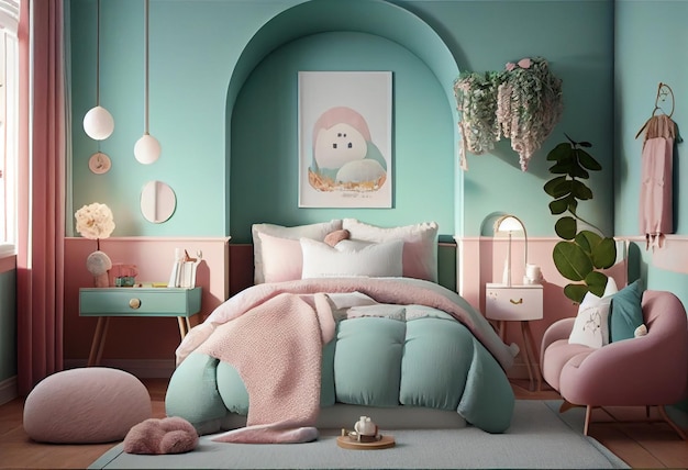 Una camera da letto con una parete verde e un letto rosa con una coperta bianca e blu e una pianta verde sulla parete.
