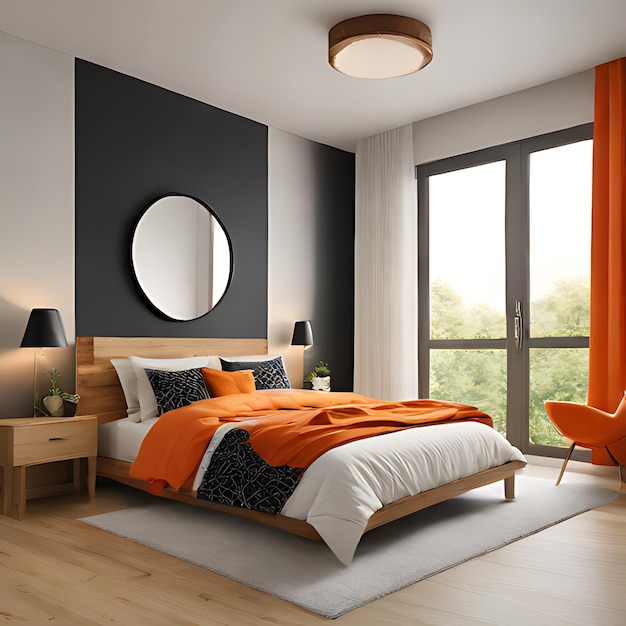 una camera da letto con una sedia arancione a letto e uno specchio rotondo