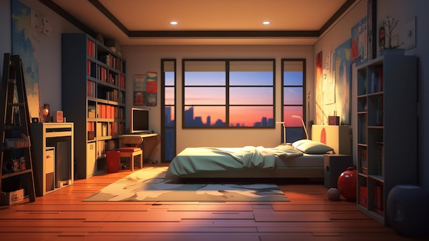 una camera da letto con una vista dello skyline della città e una finestra con lo skyline della citta' sullo sfondo