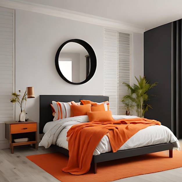 una camera da letto con uno specchio e lenzuola arancione e una cornice nera