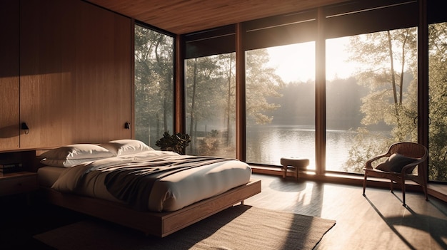 Una camera da letto con vista lago e parete in legno.