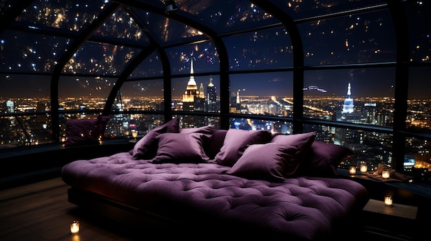 una camera da letto con vista su una città di notte.
