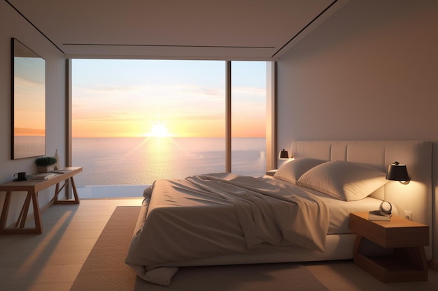 Una camera da letto con vista sull'oceano.