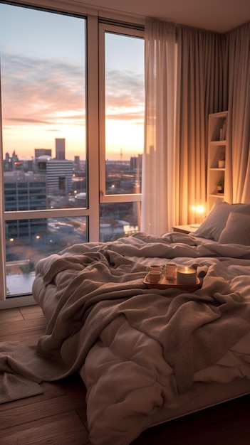 Una camera da letto con vista sulla città al tramonto.