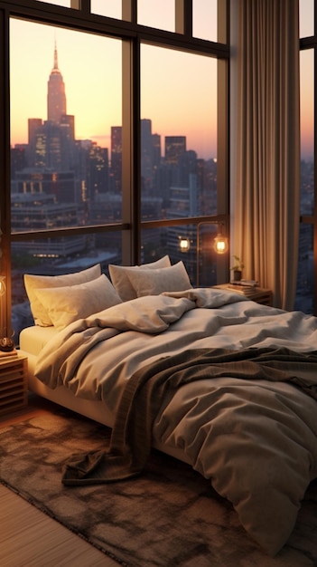 Una camera da letto con vista sulla città al tramonto.